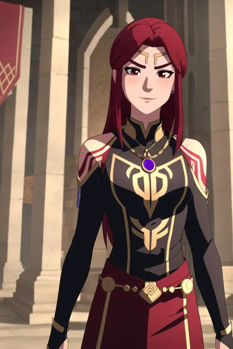 female focus, solo, upper body, 1girl, human, sorceress, (medium breasts:1.1), (muscular, abs, biceps:0.8), (dark skin:1.1), red hair, gradient_hair, (tattoos:1.1), red eyes, eyeshadow, (scowling, angry smile:0.85), ruby pendant, circlet, choker, jewelry, (red top:1.2), pauldrons, shoulder_armor, black pants, belt, indoors, (crystals:0.9), ancient temple, gold, (fire symbol:0.8), stone altar, (runes:1.1), pillars, detailed background, <lora:dragon_prince_aaravos_offset:1.15>