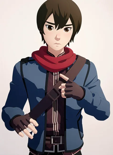 aaravos <lora:dragon_prince_aaravos_offset:1.2>, male focus, 1boy, gloves, fingerless gloves, red scarf, scarf, blush, brown hair, brown gloves, solo, holding, jacket, parody, looking down, short hair, upper body, brown eyes, blue jacket, cgi, 3d
