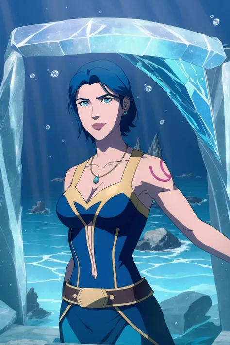 masterpiece, best quality, female focus, solo, upper body, 1girl, human, sorceress, (muscular, abs, biceps:0.9), medium breasts, dark skin, (blue hair:1.05), pixie cut, (tattoos:1.1), deep blue eyes, (scowling:0.8), half smile, aquamarine pendant, jewelry, dark blue sleeveless dress, midriff peek, cleavage cutout, belt, oudoors, (crystals:0.9), (water:1.1), ice, ancient temple, (ship's wheel:0.7), ocean, blue magic, stone altar, runes, pillars, underwater, detailed background, atmospheric, dark, <lora:dragon_prince_aaravos_offset:0.5>