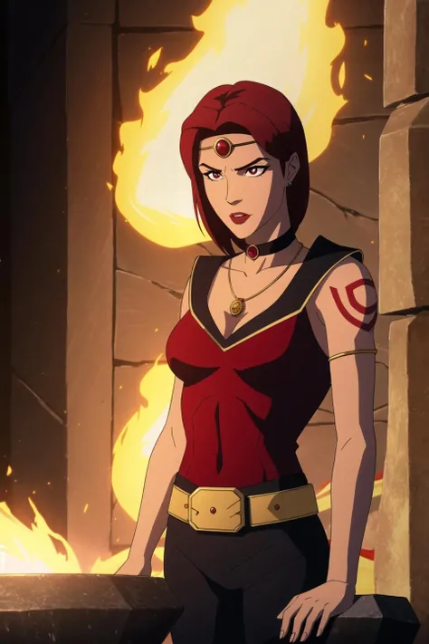 female focus, solo, upper body, 1girl, human, sorceress, (medium breasts:1.1), (muscular, abs, biceps:0.8), (dark skin:1.1), red hair, gradient_hair, (tattoos:1.1), red eyes, eyeshadow, (scowling, angry smile:0.85), ruby pendant, circlet, choker, jewelry, top, black pants, belt, indoors, (crystals:0.9), ancient temple, gold, (fire symbol:0.8), stone altar, (runes:1.1), pillars, detailed background, <lora:dragon_prince_aaravos_offset:0.5>