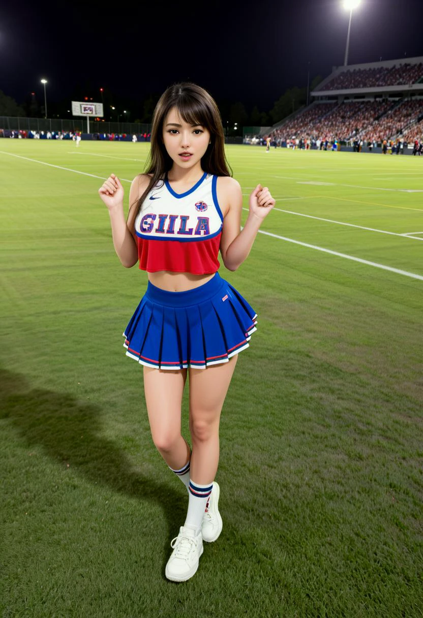 score_9, score_8_up, score_7_up, 1girl (medium full shot) of (angelic young woman:1.1) cheerleader, korean with black hime cut hair, dark brown eyes, pale skin, curvy, wearing Patriotic red, white, and blue ensemble featuring a star-spangled top, flared skirt, knee-high socks, white sneakers, pom poms, megaphone, scared at the viewer, she's brushing her hair with her fingers, .set in __cf-cheerleader/location/park__ , at night. .Masterpiece,best quality, photorealistic, amazing quality, very aesthetic, extremely detailed face,