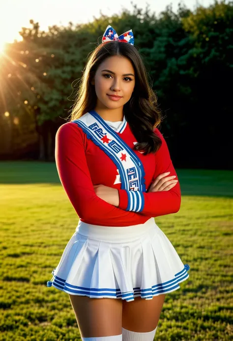 (medium full shot) of (lovely young woman:1.1) cheerleader, mexican with dark hair, brown eyes, medium skin tone, medium build,             wearing Patriotic red, white, and blue ensemble featuring a star-spangled top, flared skirt, knee-high socks, white sneakers, pom poms, megaphone, scared at the viewer,  she's making a vulcan salute to the viewer, .set in  __cf-cheerleader/location/park__ , at sunset. .Masterpiece,best quality, photorealistic, amazing quality, very aesthetic, extremely detailed face,