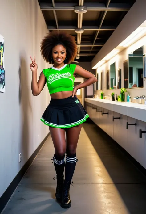 (medium full shot) of (lovely young woman:1.1) cheerleader, south african with tightly coiled hair, dark eyes, dark skin, curvy, wearing Edgy black and neon green costume with a crop top, mini skirt, striped stockings, black combat boots, pom poms, megaphone, smiling at the viewer, making a finger gun gesture with her hand, .set in public Toilet, Industrial chic, exposed pipes, concrete floors, stainless steel sinks, Edison bulb lighting fixtures, graffiti-style artwork adorning the walls , at sunset. .Masterpiece,best quality, photorealistic, amazing quality, very aesthetic, extremely detailed face,