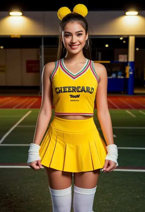 (medium full shot) of (supermodel young woman:1.1) cheerleader, mexican with dark hair, brown eyes, medium skin tone, medium build, wearing Cheerful yellow uniform with a tank top, skater skirt, knee-high socks, yellow sneakers, pom poms, fingerless gloves, smiling at the viewer, making a heart sign with her hands, .set in Stadium Exit, Wide doors leading to the parking lot, ticket validation machines, trash bins, directional signs, and a sense of anticipation for the next event , at night. .Masterpiece,best quality, photorealistic, amazing quality, very aesthetic, extremely detailed face,