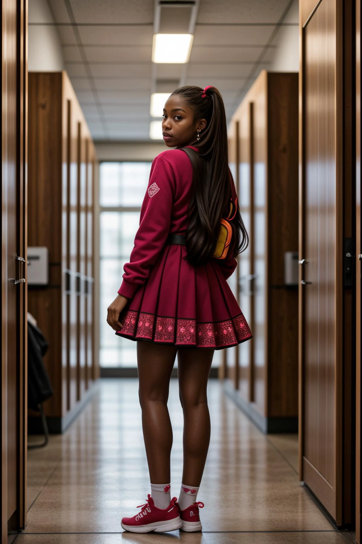 (spring season:1.2),(at dusk:1.2),<lora:LCM_LoRA_Weights_SD15:1>,<lora:detail_slider_v4:1.3>,(angelic cheerleader) adult Wommen, willowy build, medium rainbow single braid hair, african, dark skin, light brown eyes, (holding pom poms), wearing red long-sleeve cheer dress, ankle socks, colorful sneakers, eyeliner, team-themed earrings, set in School Locker Room, Compact space with rows of colorful lockers, a bulletin board covered in announcements, wooden benches for changing shoes, backpacks piled in a corner, the faint hum of conversation among students ,
fashion photography, glamorous, stylish attire, captivating pose, dynamic composition, high-fashion aesthetic, professional studio lighting, expert styling, showcasing trend, conveying elegance, conveying attitude, evoking emotion, creating visual impact, editorial storytelling, artistic interpretation, fashion-forward visual,(fullbody shot:1.3),(fullbody shot:1.1),(full body:1.3),(fullbody:1.3),(full body photo:1.3),(full body view:1.3),(wide shot:1.3),from the back:1.1,(full body portrait:1.3),