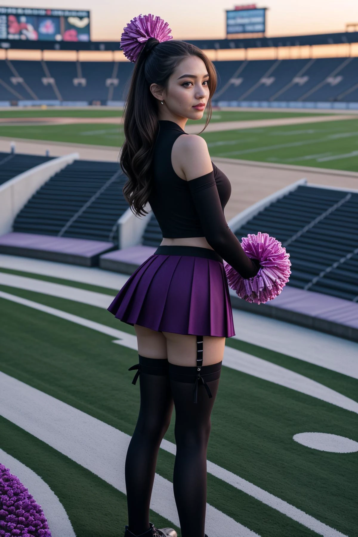 (spring season:1.2),(at dawn:1.2),<lora:LCM_LoRA_Weights_SD15:1>,<lora:detail_slider_v4:1.3>,(gorgeous cheerleader) a a 21year old 1girl, petite build, medium violet double braids hair, chinese, fair skin, hazel eyes, (holding pom poms), wearing black team dress with logo, thigh-high stockings, slip-on shoes, eyeliner, personalized backpack,cheerleading gloves, set in Stadium Suites, Luxurious private boxes with cushioned seats, mini-fridges, personal restrooms, catering trays, panoramic views of the field, decorative lighting fixtures , at sunset,
aerial photography, drone photography, sweeping landscapes, unique perspectives, epic scale, capturing from above, revealing hidden beauty, showcasing vastness, immersive experience, precise compositions, expert piloting, dynamic angles, cinematic storytelling, showcasing natural wonders, aerial exploration,(fullbody shot:1.3),(fullbody shot:1.1),(full body:1.3),(fullbody:1.3),(full body photo:1.3),(full body view:1.3),(wide shot:1.3),from the side:1.1,(full body portrait:1.3),
