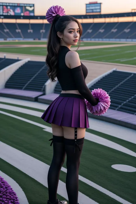 (spring season:1.2),(at dawn:1.2),<lora:LCM_LoRA_Weights_SD15:1>,<lora:detail_slider_v4:1.3>,(gorgeous cheerleader) a a 21year old 1girl, petite build, medium violet double braids hair, chinese, fair skin, hazel eyes,  (holding pom poms), wearing black team dress with logo, thigh-high stockings, slip-on shoes, eyeliner, personalized backpack,cheerleading gloves, set in Stadium Suites, Luxurious private boxes with cushioned seats, mini-fridges, personal restrooms, catering trays, panoramic views of the field, decorative lighting fixtures , at sunset,
aerial photography, drone photography, sweeping landscapes, unique perspectives, epic scale, capturing from above, revealing hidden beauty, showcasing vastness, immersive experience, precise compositions, expert piloting, dynamic angles, cinematic storytelling, showcasing natural wonders, aerial exploration,(fullbody shot:1.3),(fullbody shot:1.1),(full body:1.3),(fullbody:1.3),(full body photo:1.3),(full body view:1.3),(wide shot:1.3),from the side:1.1,(full body portrait:1.3),