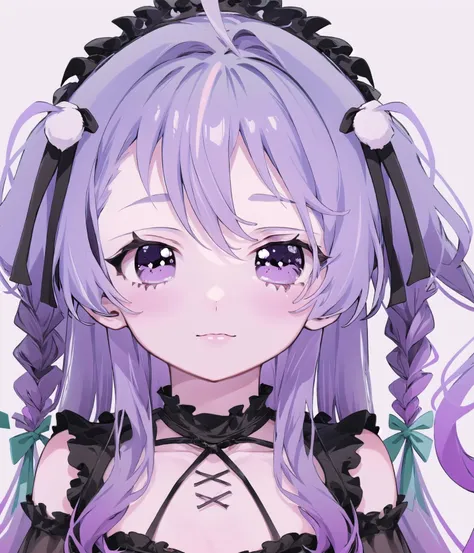 <lora:amiya_aranha_v1-000008:1>
(solo, 1girl:1.2), 
(portrait), 
simple background,
official art, 
twintails, black dress, purple hair, purple eyes, corset piercing, multicolored eyes, spider girl, gradient eyes, 
arms at sides,
