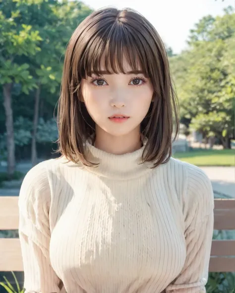 pureerosface_v1:0.3, best quality, photorealistic, 8k, high res, full color, 1girl, woman, 20 years old woman, (skindentation), (portrait:0.6), trees, park bench, daylight, ((park background:1.52)), full color, ((necksweater:1.68)), looking at viewer:1.8, (1girl eyes looking at viewer:1.55), (short-length hair, brownhair, partedbangs:1.45), (bokeh), <lora:AAG-nashiko:0.7>