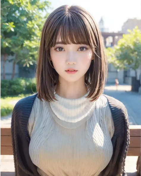 pureerosface_v1:0.3, best quality, photorealistic, 8k, high res, full color, 1girl, woman, 20 years old woman, (skindentation), (portrait:0.6), trees, park bench, daylight, ((park background:1.52)), full color, ((necksweater:1.68)), looking at viewer:1.8, (1girl eyes looking at viewer:1.55), (short-length hair, brownhair, partedbangs:1.45), (bokeh), <lora:AAG-nashiko:0.7>