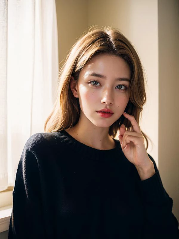 DV_Keeley_Vicious, wavy hair, blonde hair, best quality, masterpiece, ultra high res, (photorealistic:1.2), 8K, raw photo, natural skin texture, dressing room, dynamic pose, soft lighting, (((film grain))), 1 woman, ((wearing black cropped sweater:1.2))