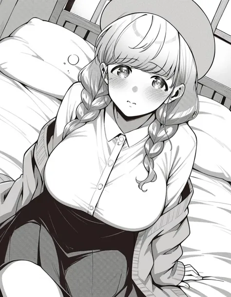 score_9, score_8_up, score_7_up, source_anime,
heriohanamori, <lora:herio-hanamori-manga-ponyxl-lora-nochekaiser:1>,
hanamori, long hair, bangs, braid, twin braids, large breasts, monochrome, greyscale,
skirt, shirt, hat, cardigan,
indoors, bed, bed room, on side, blush, drunk,
looking at viewer, solo, cowboy shot, dutch angle,