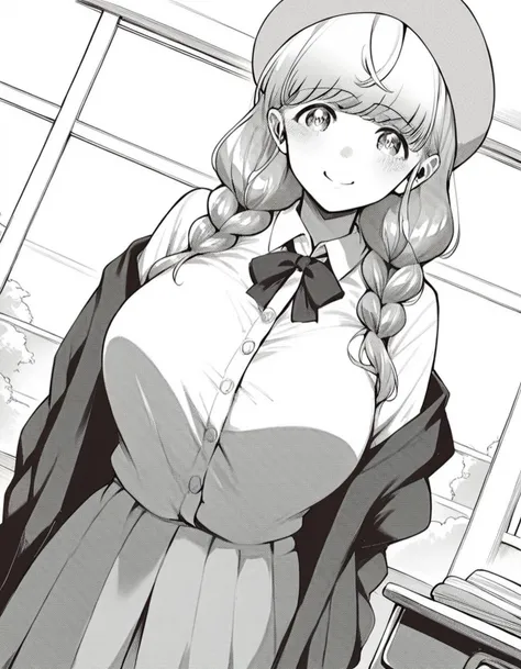 score_9, score_8_up, score_7_up, source_anime,
heriohanamori, <lora:herio-hanamori-manga-ponyxl-lora-nochekaiser:1>,
hanamori, long hair, bangs, braid, twin braids, large breasts, monochrome, greyscale,
skirt, shirt, hat, cardigan,
indoors, classroom, smile,
looking at viewer, solo, cowboy shot, dutch angle,