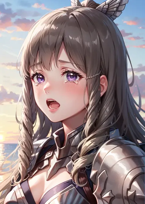 masterpiece, best quality, sumia, pink armor, hair ornament, purple dress, close-up, upper body, tears in eyes, open mouth, sunset, blue sky, looking at viewer <lora:sumia-nv-v2-000010:0.9>