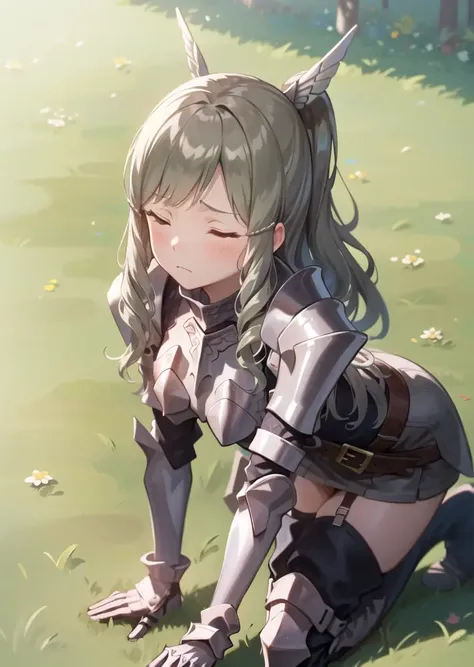 masterpiece, best quality, sumia, pink armor, hair ornament, purple dress, belt, garter straps, gauntlets, thighhigh boots, stumbled on the floor, all fours, looking up, closed eyes, frowning, furrowed brow, field, blue sky, grass <lora:sumia-nv-v2-000010:0.9>