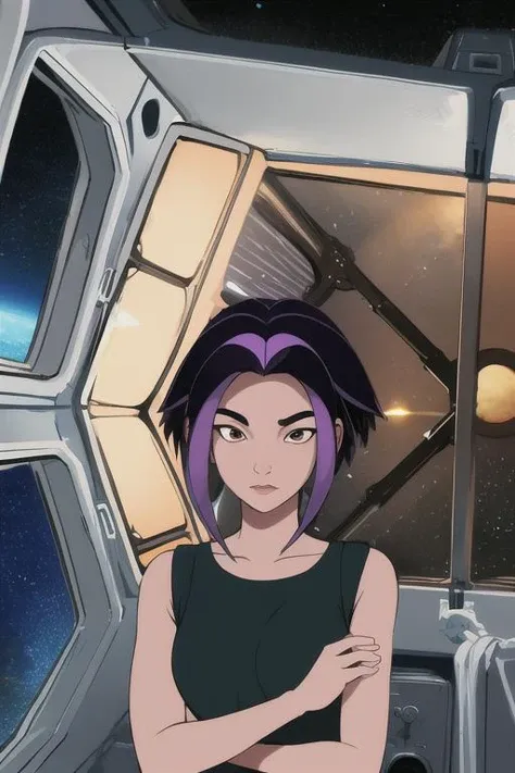 masterpiece, best quality, highres, akimakunimoto, purple hair, short hair, brown eyes, space station, window, outerspace, soldier, <lora:akimakunimoto:0.7>