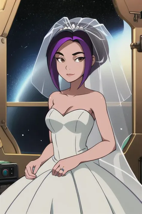 masterpiece, best quality, highres, akimakunimoto, purple hair, short hair, brown eyes, space station, window, bride, wedding dress, bridal veil, <lora:akimakunimoto:0.7>