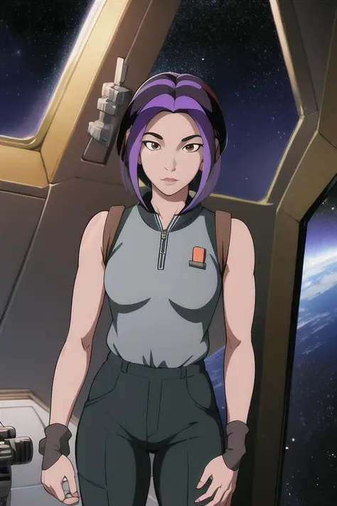 masterpiece, best quality, highres, akimakunimoto, purple hair, short hair, brown eyes, space station, window, outerspace, soldier, <lora:akimakunimoto:0.7>