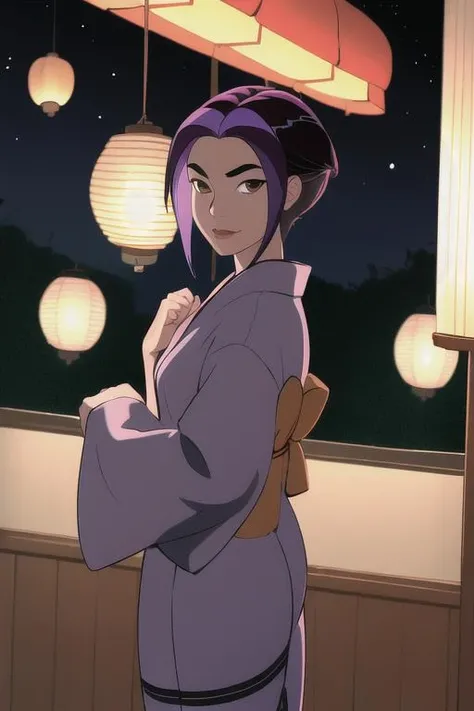 masterpiece, best quality, highres, akimakunimoto, purple hair, short hair, brown eyes, night, lanterns, yukata, <lora:akimakunimoto:0.7>