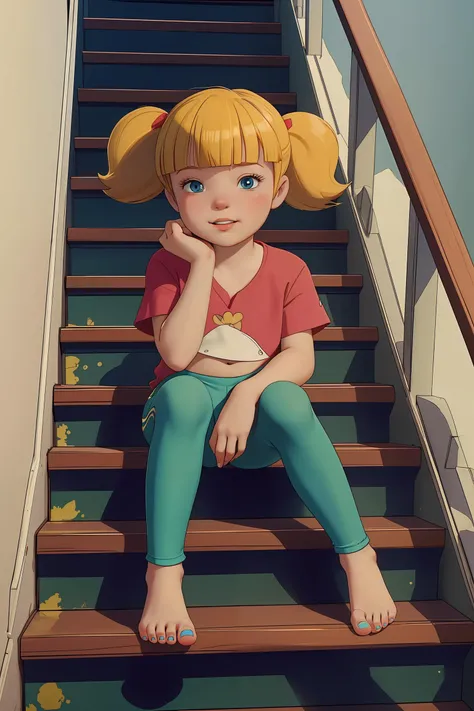 (AS-YoungerV2:1.3), <lora:Penny:0.8>, (blonde hair, twintails, blunt bangs, blue eyes), red shirt, green leggings,Jude Smith, Eddy Shinjuku, parted lips, soft gaze, [laughing | crying], blush, looking at viewer, (bare feet), mizarfeet, foot focus, displaying feet, perfect feet,  toenail polish,  (masterpiece) (best quality) (detailed) (8k)  (intricate), vignette, eye level, sitting on staircase, from below, alleyway,  <lora:Mizars_-_Misc_Foot_Focus_Poses:0.6>