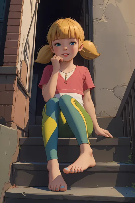 (AS-YoungerV2:1.3), <lora:Penny:0.8>, (blonde hair, twintails, blunt bangs, blue eyes), red shirt, green leggings,Jude Smith, Eddy Shinjuku, parted lips, soft gaze, [laughing | crying], blush, looking at viewer, (bare feet), mizarfeet, foot focus, displaying feet,  toenail polish,  (masterpiece) (best quality) (detailed) (8k)  (intricate), vignette, eye level, sitting on staircase, from below, alleyway,