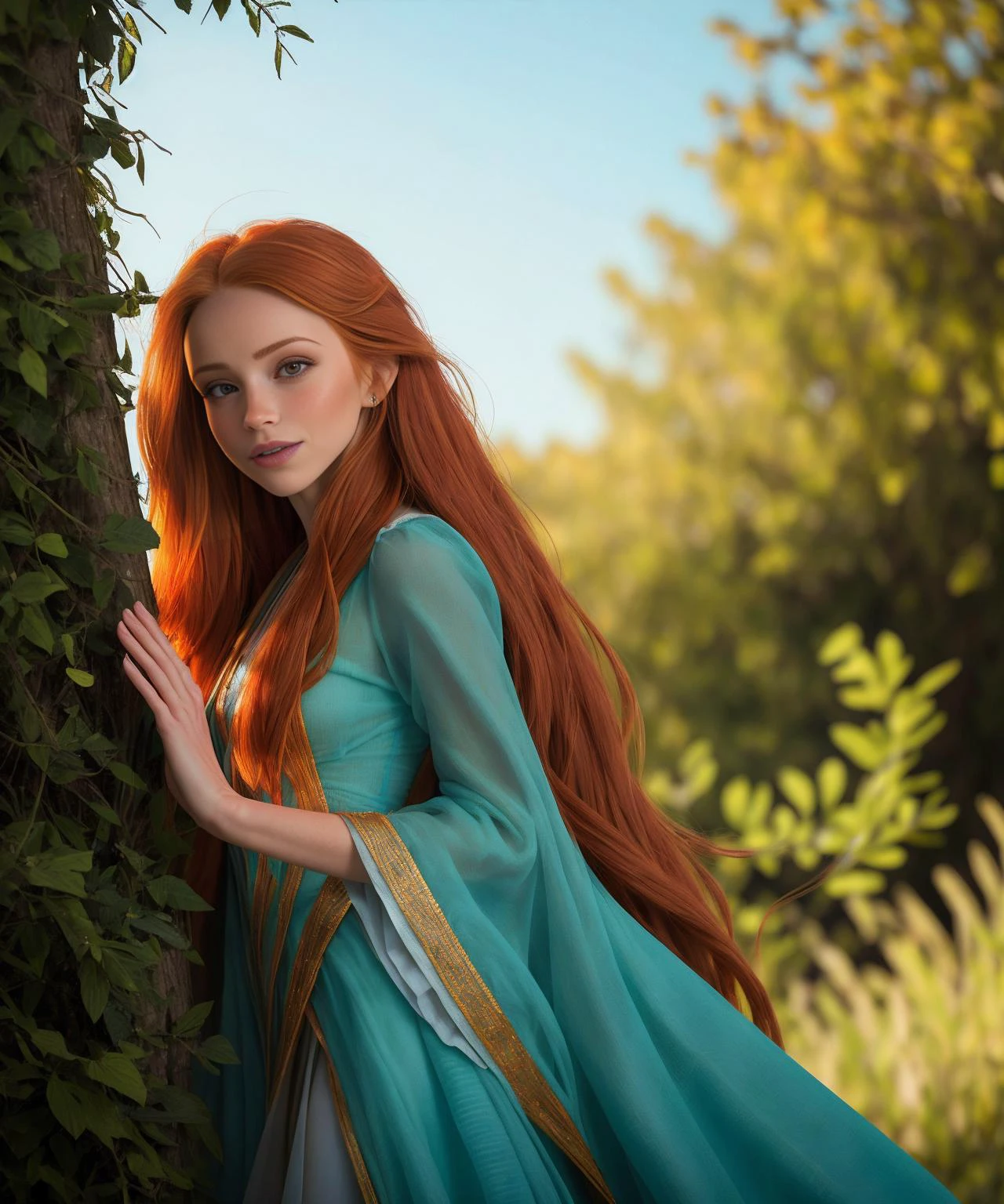 hyperdetailed photo of jp-Tut1a-2000,
"Auburn Grace"
In a grove where olives meet the sky,
Stands a maiden, hair like autumn's fire.
Her gown, azure as the Aegean sea,
Shines as bright as her sun-kissed lyre.