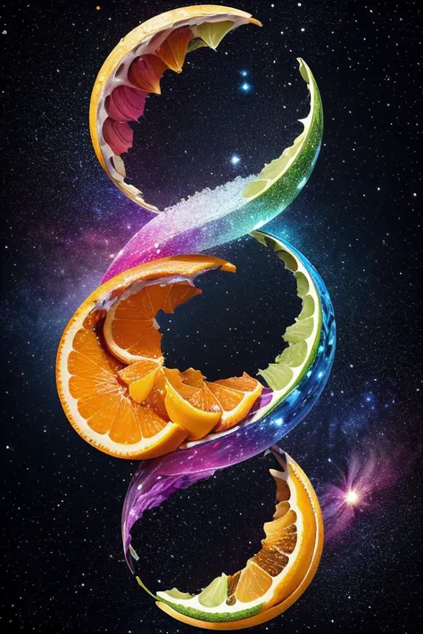 Cosmic culinary: a divine orange, sliced into segments of celestial beauty, each piece illuminating a universe of flavor, where zesty comets and pulpy galaxies swirl in a cosmic dance of vitamin-infused vibrance, crafting an odyssey of nutritional wonder, visual awe, and zestful exploration.