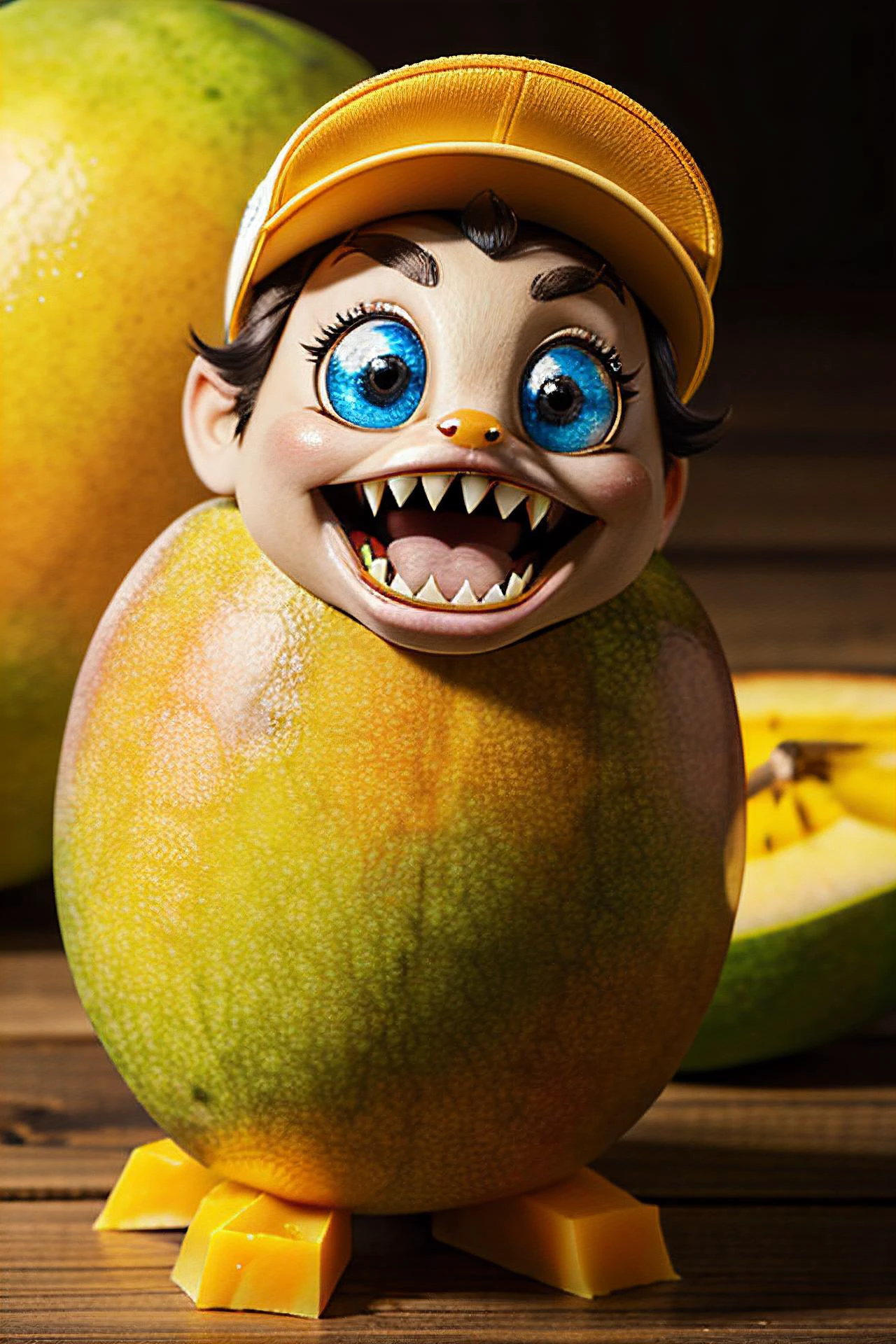 (Fantasy mango masterpiece, ethereal mango entity, wide eyes, open mouth, sharp teeth, with a cap):2