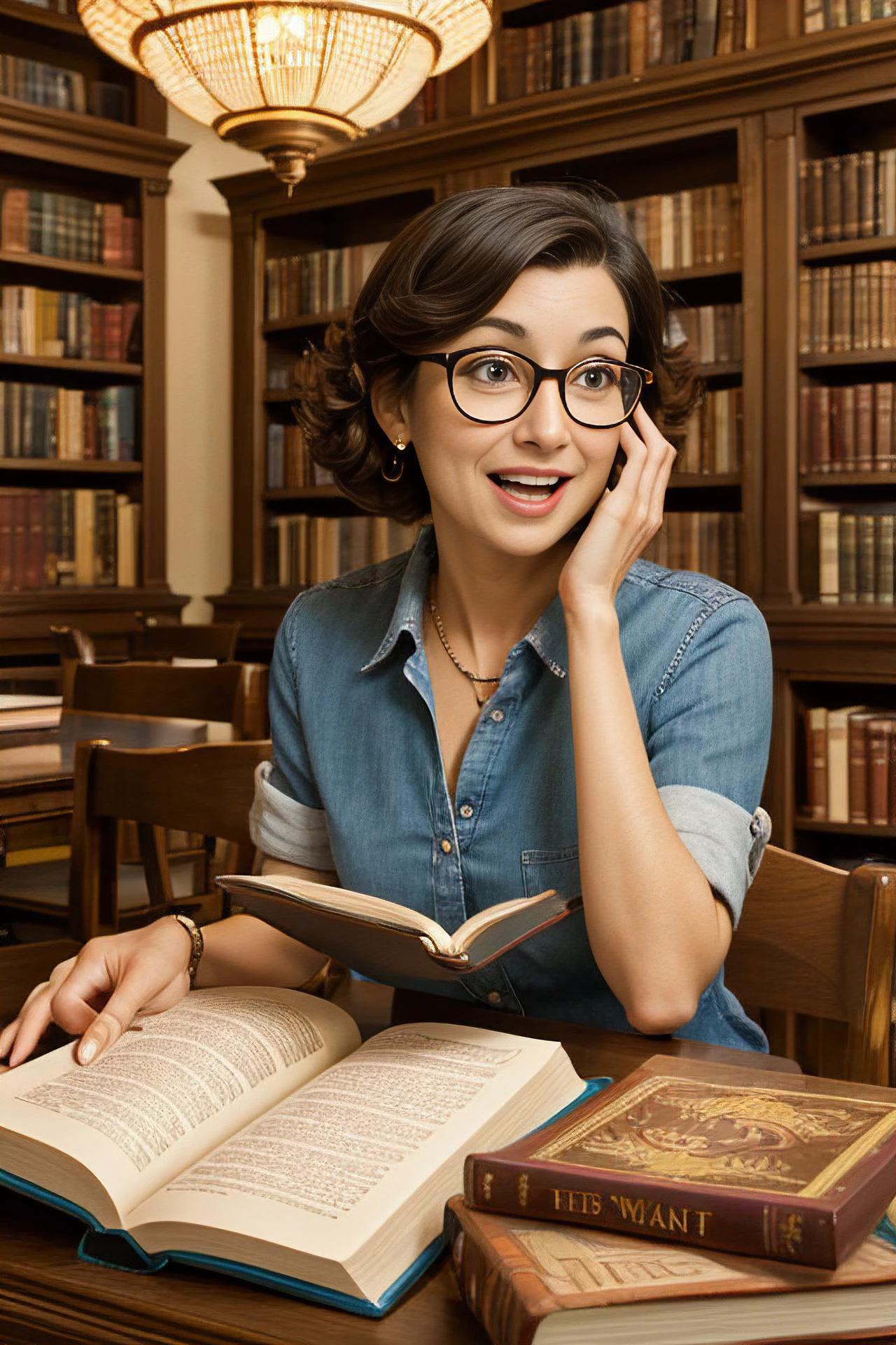 . Whimsical kiwi, librarian, reading glasses, books, library setting, educational ambiance, expressive faces, delightful storytelling, engaging, detailed environment.