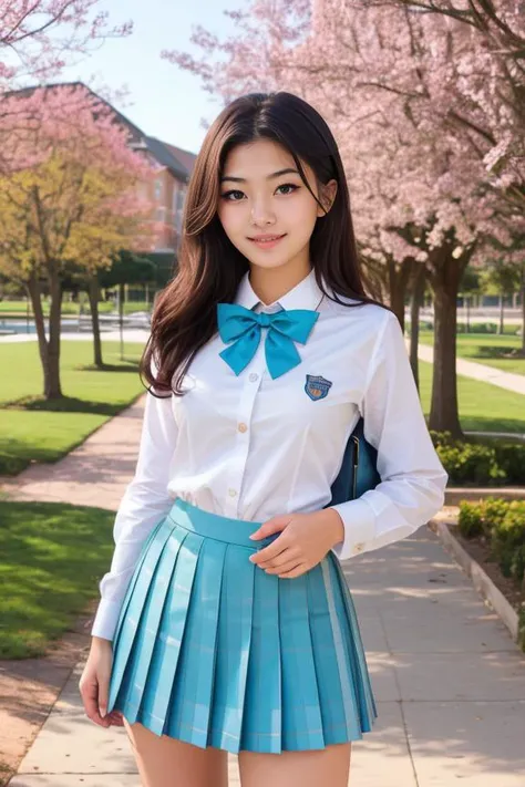 woman, beautiful face, cute, realistic, detailed, scenic view of school campus, full body shot
<lora:School Dress By Stable Yogi:0.8> school uniform, bow-tie, white shirt, turquoise pleated skirt