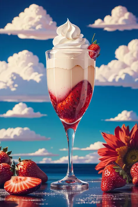 Radiant revelation: a celestial strawberry, adorned with sparkles of dew, navigating through fluffy whipped cream clouds under a dazzling vanilla sky, its vibrant red allure captivating senses, in a sweet symphony of whimsy, wonder, and mouth-watering delight, where art and indulgence blossom in delightful harmony.