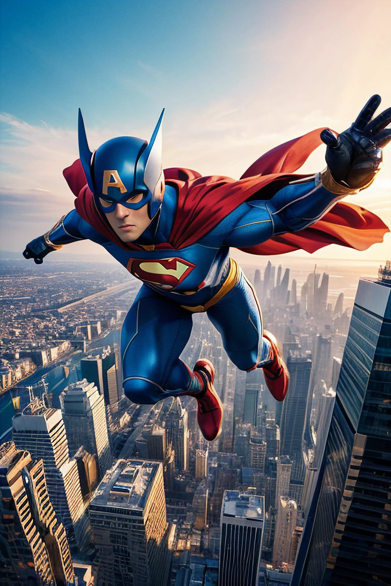11. Vibrant, artistic pear, superhero, flying, city skyline, dynamic actions, expressive features, delightful heroism, imaginative storytelling, engaging visuals.
