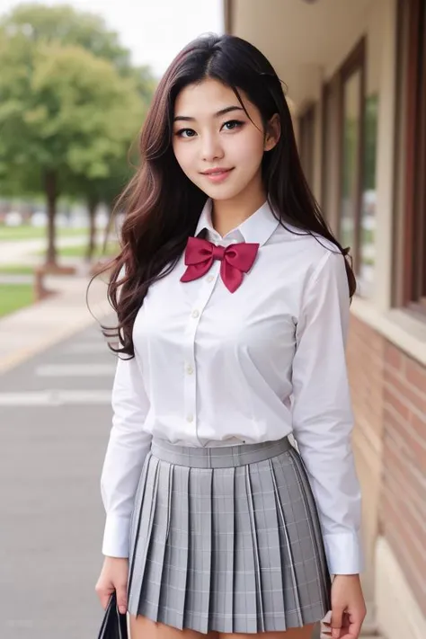 woman, beautiful face, cute, realistic, detailed, scenic view of school campus, full body shot
<lora:School Dress By Stable Yogi:0.8> school uniform, bow-tie, white shirt, grey pleated skirt