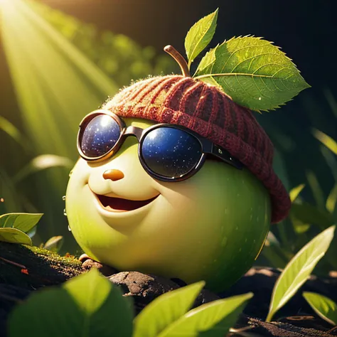 masterpiece: concept art, best quality, very cute appealing anthropomorphic apple wearing a cap and sunglasses, looking at the viewer, big grin, happy, fruit, droplets, macro, sunlight, fantasy art, dynamic composition, dramatic lighting, epic realistic, award winning illustration,