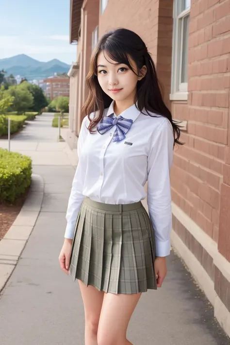 woman, beautiful face, cute, realistic, detailed, scenic view of school campus, full body shot
<lora:School Dress By Stable Yogi:0.8> school uniform, bow-tie, white shirt, olive pleated skirt