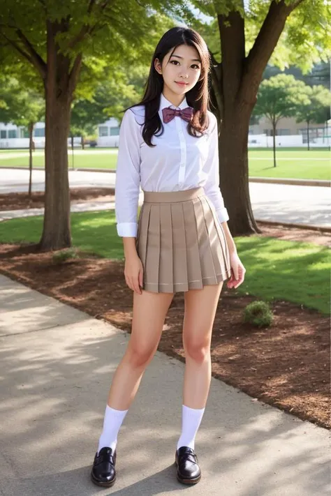 high school girl、Japanese、front、whole body、garden、Brown hair short、uniform、skirt、Knee-high socks、loafers、smile、slender、upright、One person
