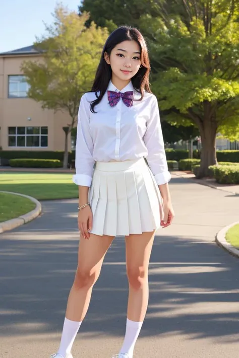 woman, beautiful face, cute, realistic, detailed, scenic view of school campus, full body shot
<lora:School Dress By Stable Yogi:0.8> school uniform, bow-tie, white shirt, white pleated skirt