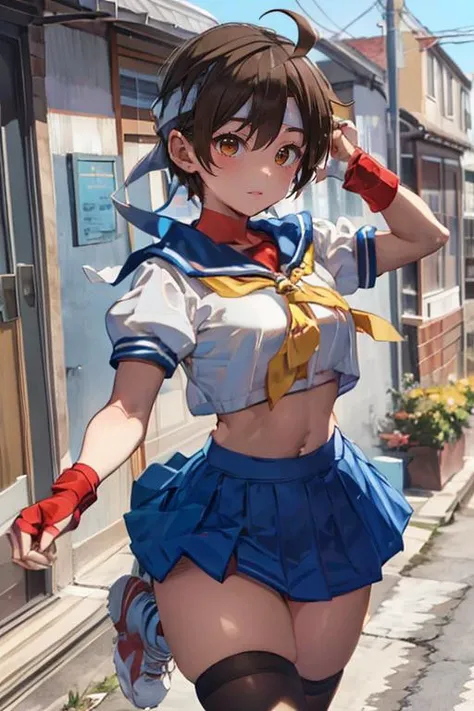 (masterpiece, best quality:1.1), 1girl solo, <lora:kasugano sakuraV2:0.8>, kasugano sakura, brown eyes, brown hair, short hair, bangs, ahoge, headband, school uniform, puffy sleeves, crop top, yellow neckerchief, blue skirt, fingerless gloves, thighs, white socks, red footwear