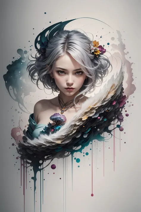 (masterpiece, top quality, best quality, official art, beautiful and aesthetic:1.2), (1girl:1.2), cute, extreme detailed,(abstract:1.4, fractal art:1.3),(silver_hair:1.1), fate \(series\), colorful,highest detailed, fire, ice, lightning, (splash_art:1.2), jewelry:1.4, hanfu, <lora:ink-0.1-3-b28-bf16-D128-A1-1-ep64-768-DAdaptation-cosine:0.8> ,  scenery, ink,