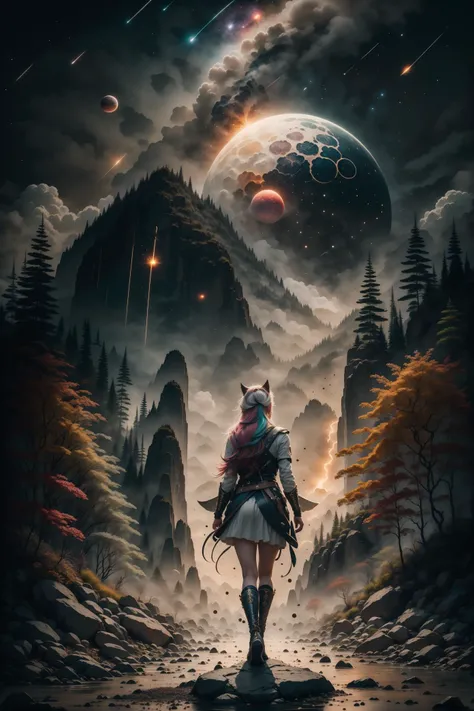 highres, highest quallity, catgirl, goddes, random hair, random haircolor, random multicolored hair, random hair, (random eye color), ((planet, mythical, elemental, giant, god, stardust, meteor shower,)), blurred background, visually stunning, bokeh, full body, dynamic view , <lora:IvoryGoldAIv2:0.5> ,<lora:ink-0.1-3-b28-bf16-D128-A1-1-ep64-768-DAdaptation-cosine:0.9> , scenery, ink,