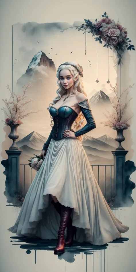 daenerys targaryen, corset, blue eyes, cute smile, red silk boots, wedding dress <lora:add_detail:0.5>, in bed room, 1700s, lococo style, luxury decorations, jewelry, necklace, flower pattern wallpaper,   <lora:ink-0.1-3-b28-bf16-D128-A1-1-ep64-768-DAdaptation-cosine:1> ((ink, scenery, ink drawing))