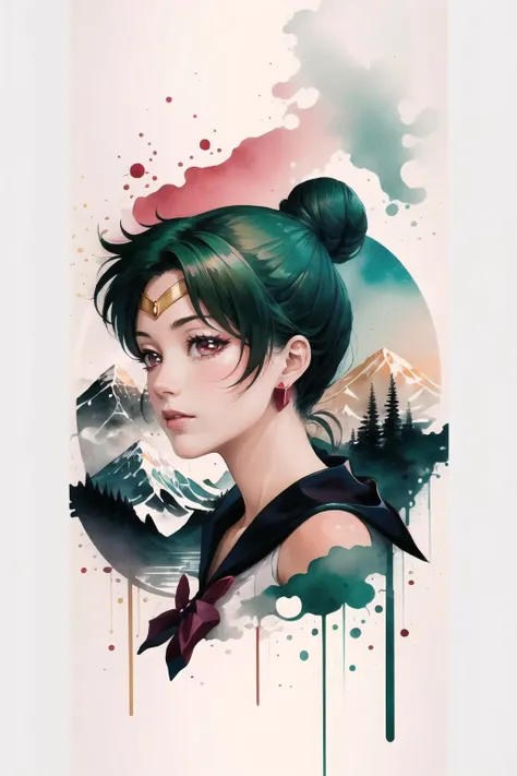 Highly detailed, High Quality, Masterpiece, beautiful, sailor pluto, single hair bun, tiara, <lora:sailormoon_sailorpluto:1>, white background, scenery, ink, mountains, water, trees, <lora:Style_InkScenery:1>, portrait,