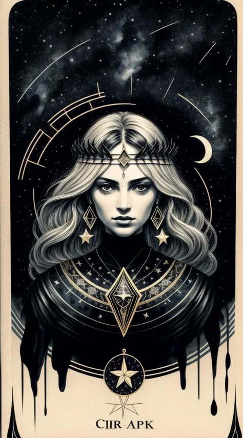 (ink painting, ink art, ink drawing, graphic ink), rough, hand-painted, (abstract, stylised), textured black background, solo, ((tarot)), semi symmetrical, portrait, facing viewer, loose hair, white hair, intricate hair clip, stars, intricate star patterns in background, star chart, lunar, crescent, constellation, constellations, fortune, mystic, star map, jewellery, symmetrical earrings, circlet, folklore, folk art, time, (black:1.4), (gold:1.0), (red:0.5), (white:0.8), ink strokes, ink bleed, rough edges, <lora:inkplace:0.8>, <lora:more_details:0.9>
