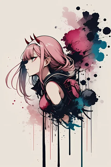 zero two, white background, scenery, ink, paint splashes, bust,, shoulders, pink hair, horns, side view, <lora:zerotwo_offset:0.8> , <lora:ink-0.1-3-b28-bf16-D128-A1-1-ep64-768-DAdaptation-cosine:1>