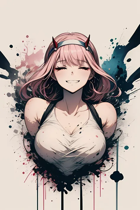 zero two, anime style, white background, scenery, ink, paint splashes, bust, shoulders, pink hair, floating hair, big red eyeliner, (only two horns,:1.2) headband, closed eyes, big smile with teeth, <lora:zerotwo_offset:0.9> , <lora:ink-0.1-3-b28-bf16-D128-A1-1-ep64-768-DAdaptation-cosine:1>, <lora:add_detail:0.5>