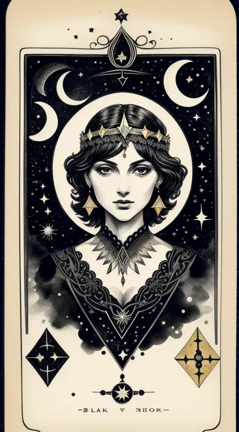 (ink painting, ink art, ink drawing, graphic ink), rough, hand-painted, (abstract, stylised), textured black background, solo, ((tarot)), semi symmetrical, portrait, facing viewer, 1920s, white hair, intricate hair clip, stars, intricate star patterns in background, star chart, lunar, crescent, constellation, constellations, fortune, star map, jewellery, symmetrical earrings, circlet, folklore, folk art, time, (black:1.4), (gold:1.0), (red:0.5), (white:0.8), ink strokes, ink bleed, rough edges, <lora:inkplace:0.8>, <lora:more_details:0.9>