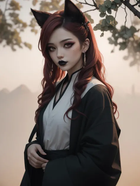 (masterpiece:1.2),best quality, extremely detailed, catgirl, goth girl (goth makeup:1.2), random hair,  random red haircolor, random multicolored hair, streaked hair, detailed hair, (random eye color), blurred background, lantern festival , visually stunning, bokeh, ,piercings, hanfu, <lora:ink-0.1-3-b28-bf16-D128-A1-1-ep64-768-DAdaptation-cosine:0.9>  scenery, ink, white background,