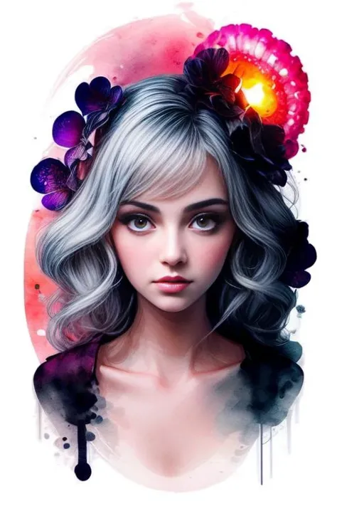 white background, scenery, ink, ink painting, (1girl:1.5), (girl portrait:1.5), sunset in the background, orchid, jellyfish, bioluminescent, symmetrical artwork, (<lora:ink-0.1-3-b28-bf16-D128-A1-1-ep64-768-DAdaptation-cosine:1>:1.5) <lora:more_details:1> <lora:zhubao:1>