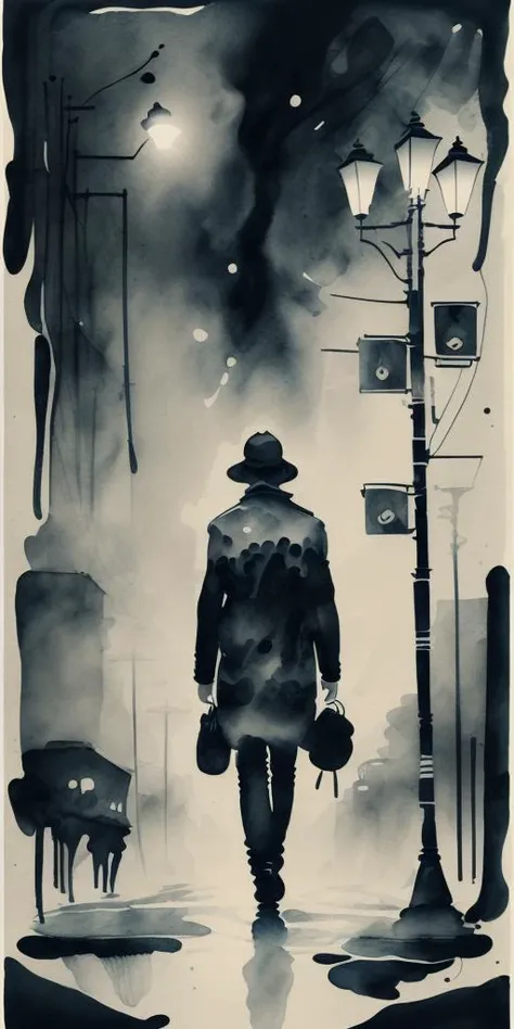 (black background), textured, (ink art, ink illustration, ink, rough:1.4), full body portrait of person walking down quiet street at night in heavy rain, rain, distorted by rainfall, (flowing lines), swirling ink, highly detailed background, (one streetlamp, moody, sad), ((abstract)) <lora:more_details:0.5>, <lora:inkplace:0.9>