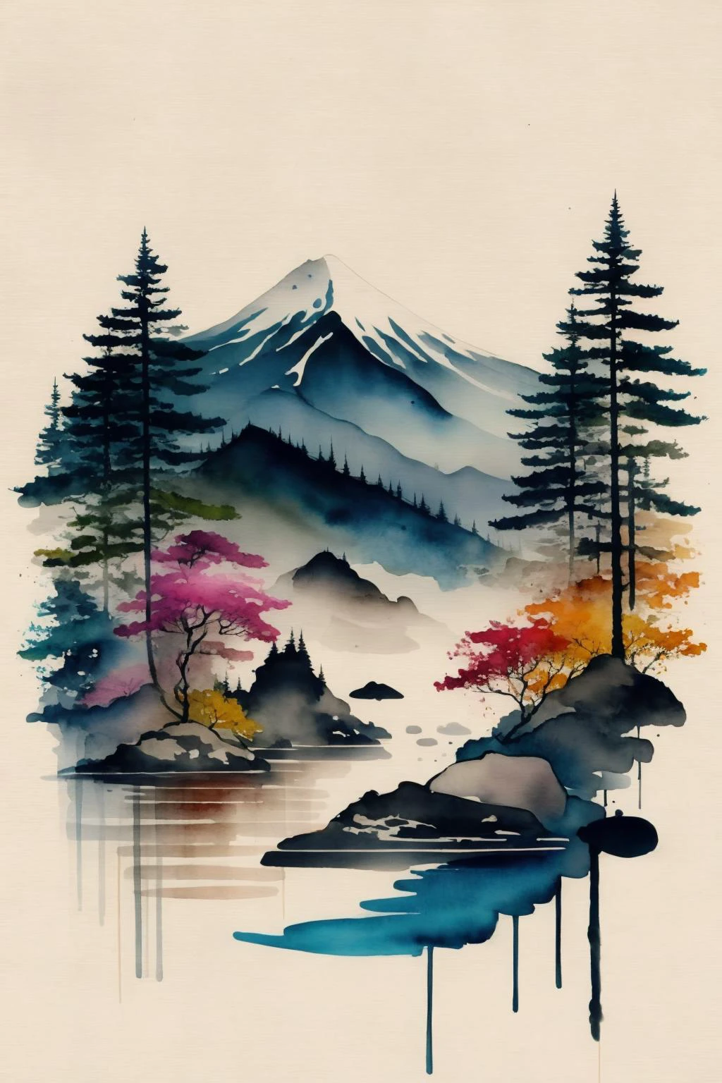 white background, scenery, watercolor, mountains, water, trees, colorful, <lora:Ink scenery:1>